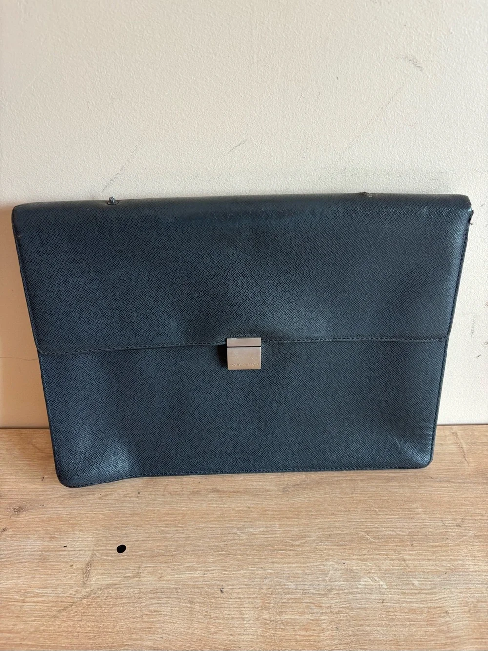Louis Vuitton Black Leather Briefcase Clutch with Silver Hardware